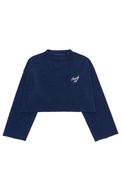 Textured Cropped Crewneck Blue