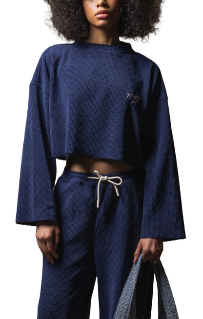 Textured Cropped Crewneck Blue