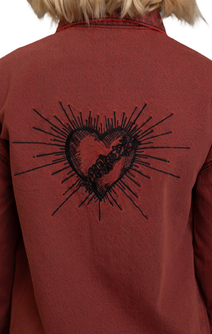 Boxy Embroidered Denim Coat Red